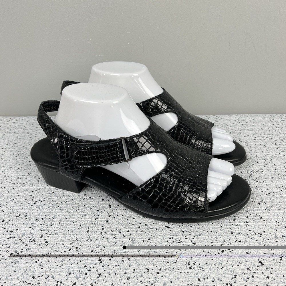 SAS Shoes Black Slingback Sandals Womens 9.5 Wide Patent Leather Croc